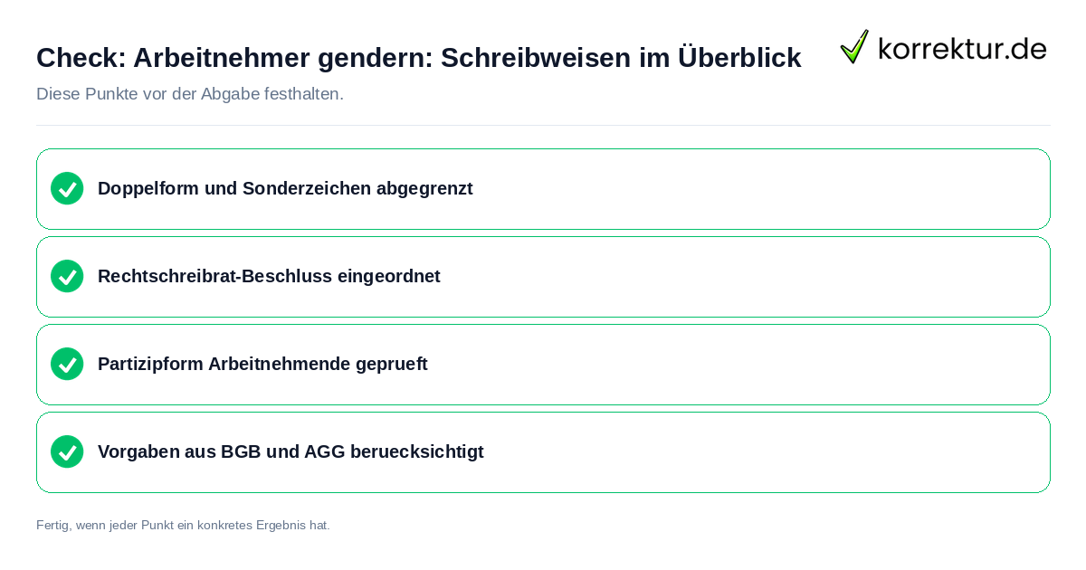 Check: Arbeitnehmer gendern: Schreibweisen im Überblick Arbeitnehmer gendern: Schreibweisen im Überblick: Prüfliste mit vier Punkten