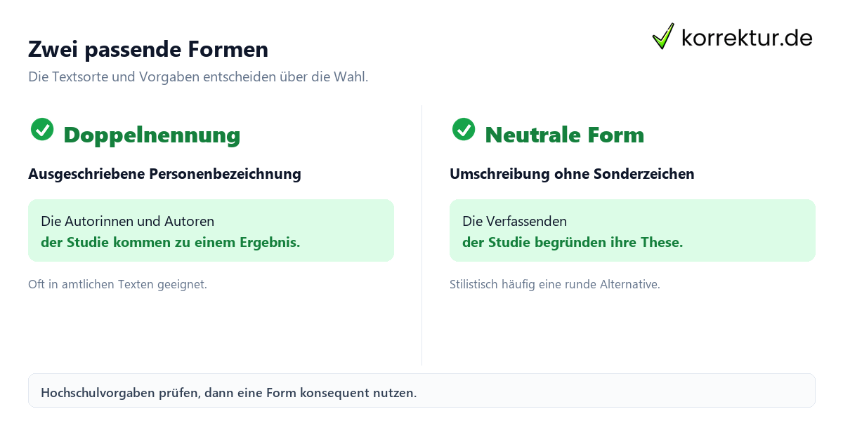 Zwei sichere Varianten gendern Autor: Doppelnennung und neutrale Alternative vergleichen