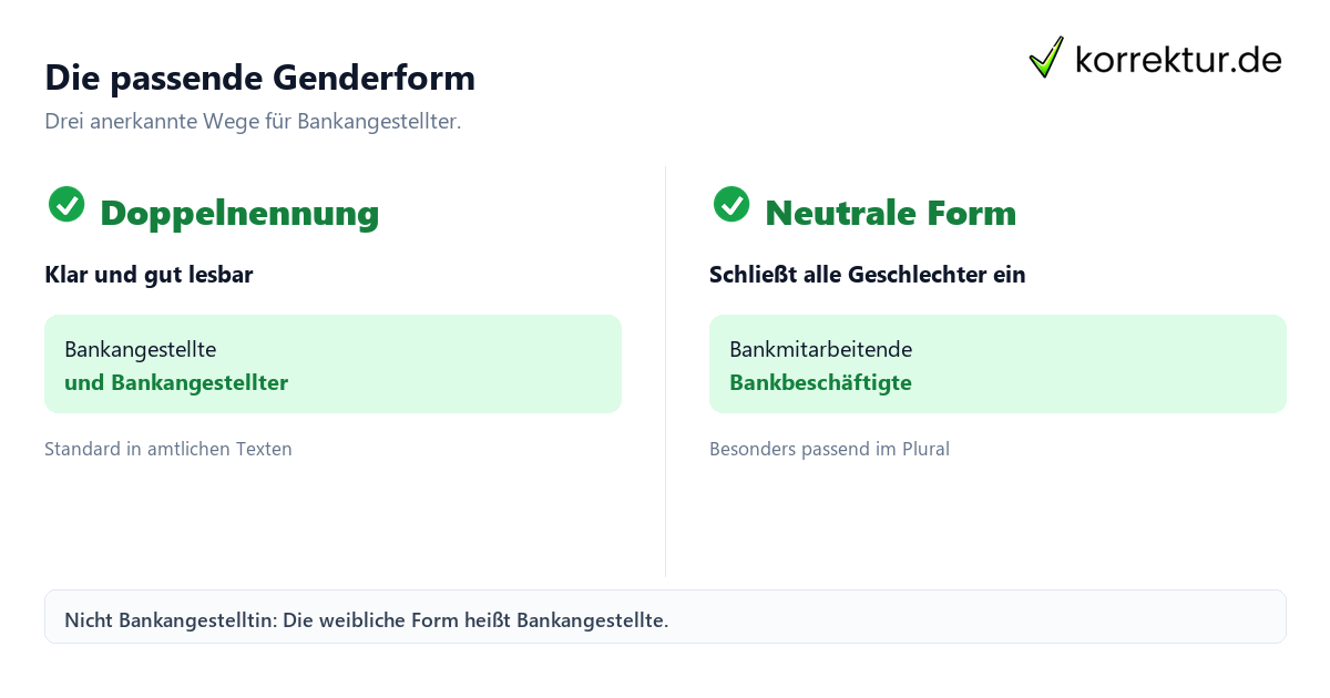 Die passende Genderform Gendern Bankangestellter: Doppelnennung, Bankangestellte*r und neutrale Formen im Vergleich