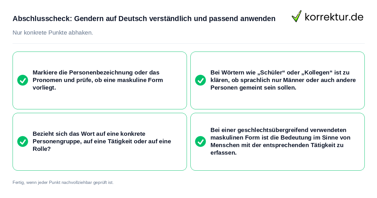 Konkreter Abschlusscheck zu Gendern auf Deutsch verständlich und passend anwenden