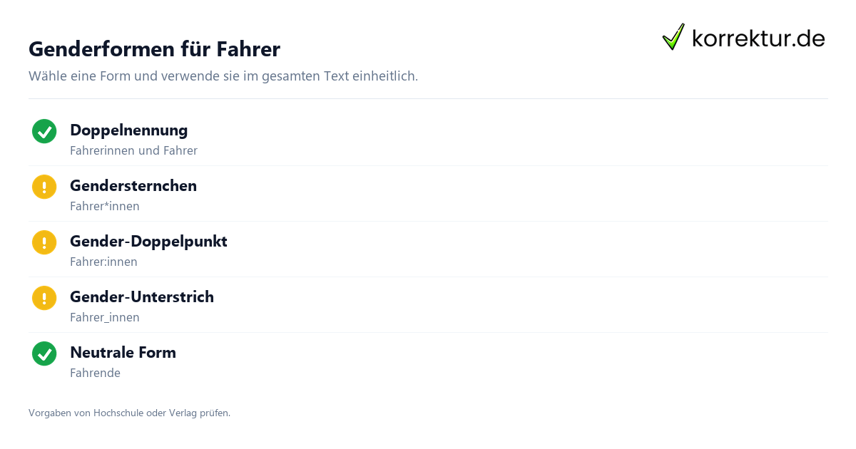 Fahrer geschlechtergerecht Gendern Fahrer, Formen im Überblick