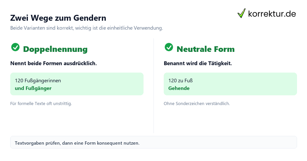Zwei Wege zum Gendern Gendern Fußgänger: Doppelnennung und neutrale Form im Vergleich