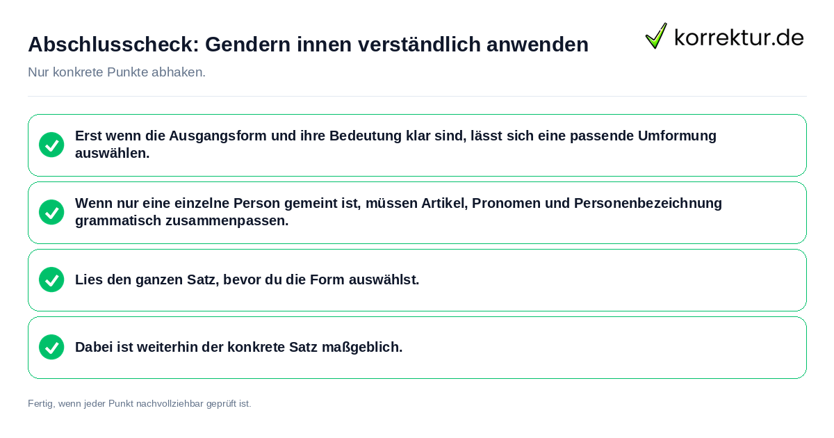 Konkreter Abschlusscheck zu Gendern innen verständlich anwenden