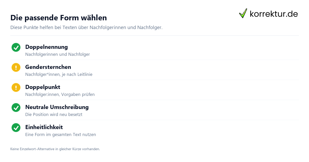 Die passende Form wählen Gendern Nachfolger: Formen und neutrale Alternativen prüfen