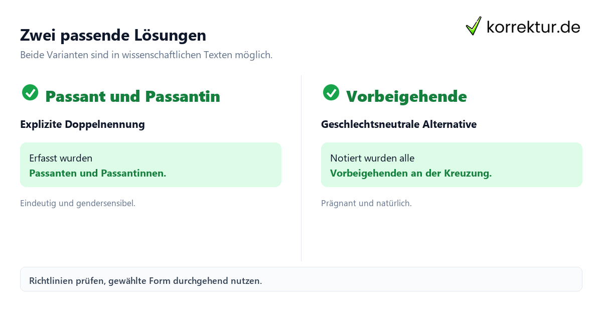 Zwei passende Lösungen gendern Passant, geschlechtsneutrale Alternative vergleichen