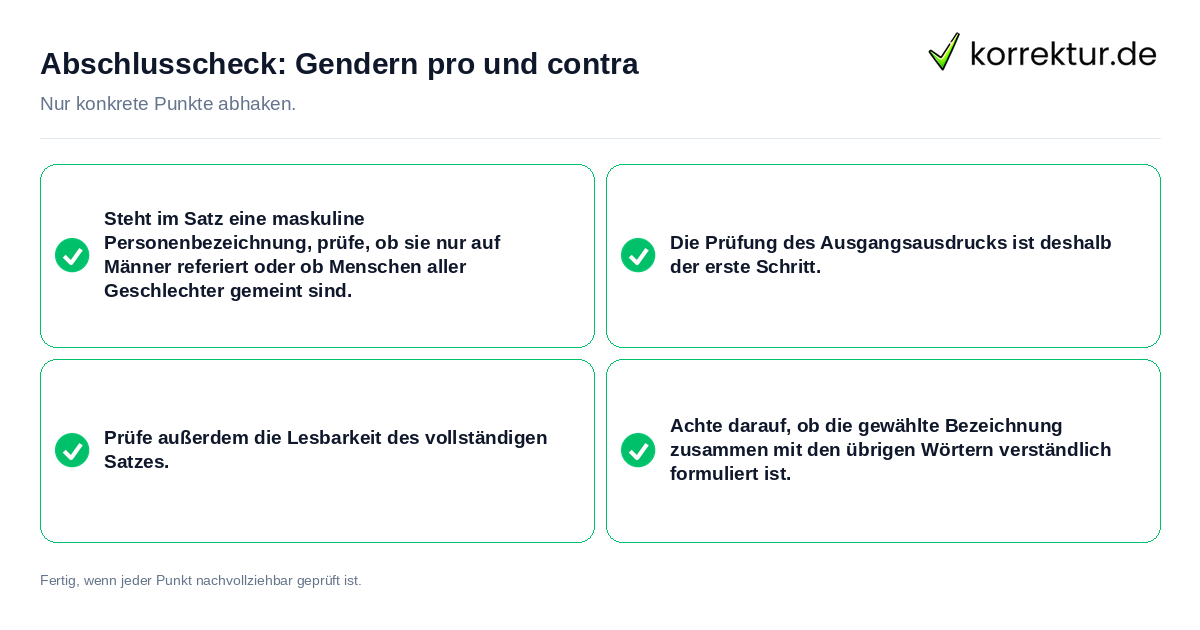 Konkreter Abschlusscheck zu Gendern pro und contra