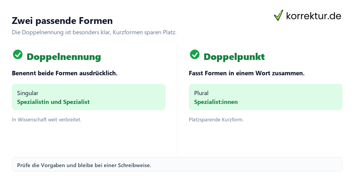 Zwei passende Formen Gendern Spezialist: Doppelnennung, Spezialist*innen und Doppelpunkt vergleichen