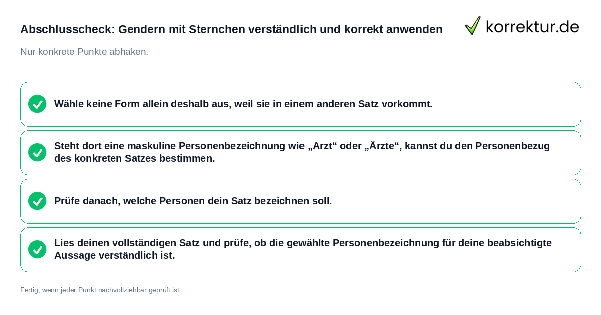 Konkreter Abschlusscheck zu Gendern mit Sternchen verständlich und korrekt anwenden