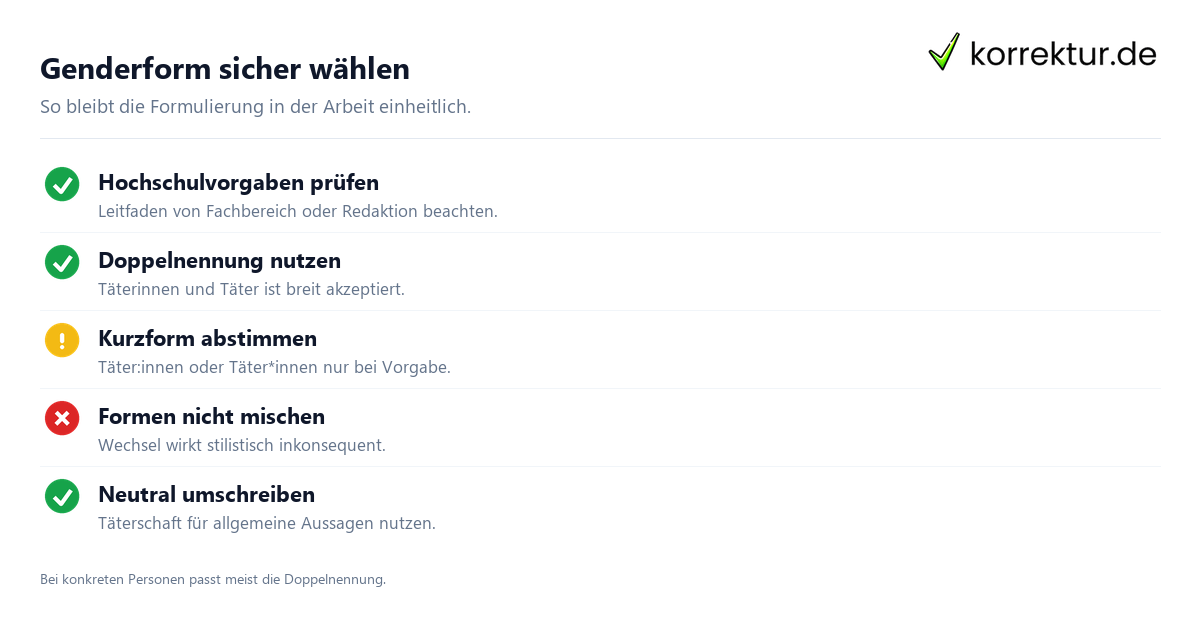 Gendern Täter: Doppelnennung und neutrale Alternative vergleichen