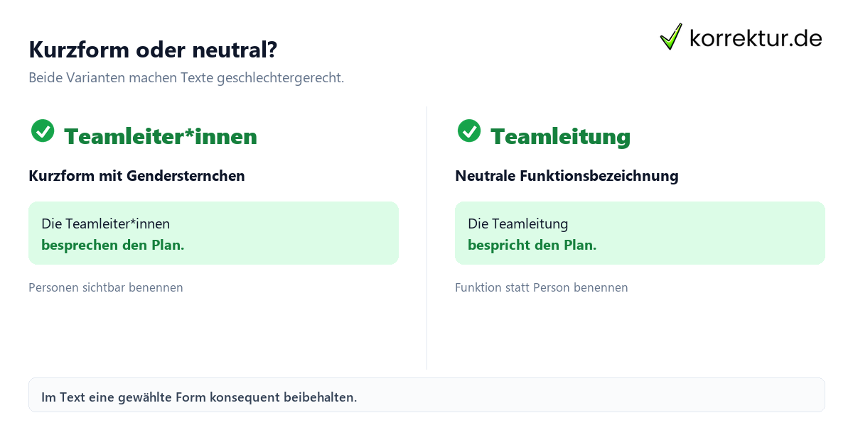 Kurzform oder neutral? Gendern Teamleiter: Teamleiter*innen und Teamleitung vergleichen