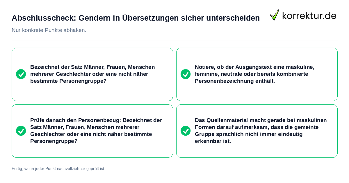 Abschlusscheck: Gendern in Übersetzungen sicher unterscheiden Konkreter Abschlusscheck zu Gendern in Übersetzungen sicher unterscheiden