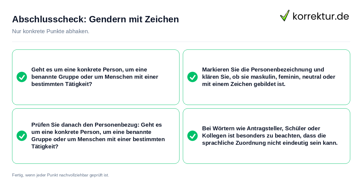 Konkreter Abschlusscheck zu Gendern mit Zeichen