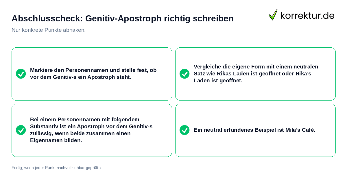 Konkreter Abschlusscheck zu Genitiv-Apostroph richtig schreiben