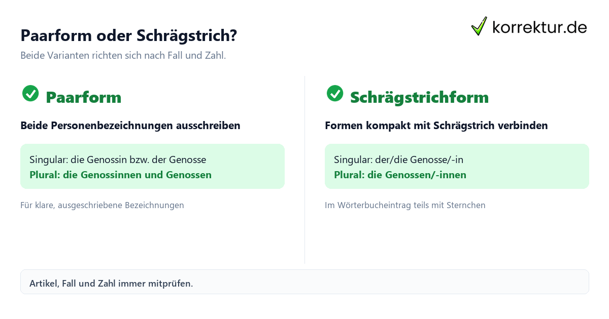 Paarform oder Schrägstrich? Genosse und Genossin passend gendern mit Paarform und Schrägstrichform