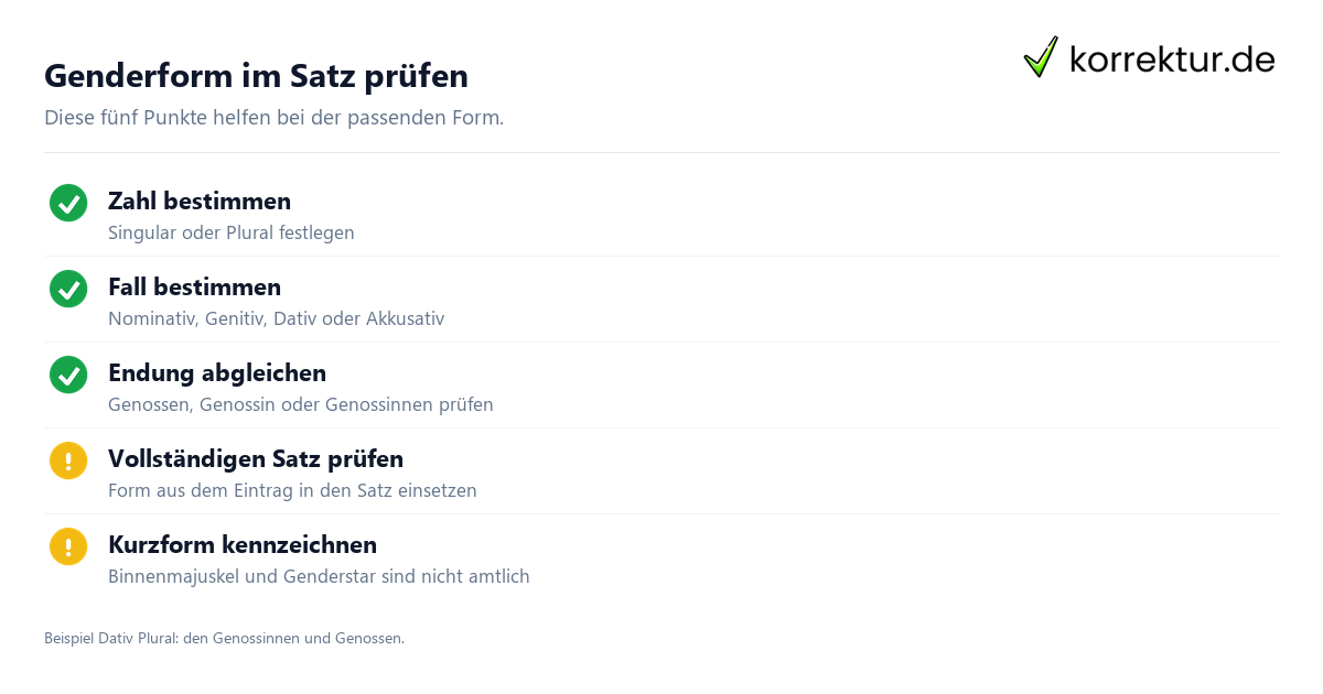 Genderform im Satz prüfen Genosse und Genossin passend gendern, Formen im Satzkontext prüfen