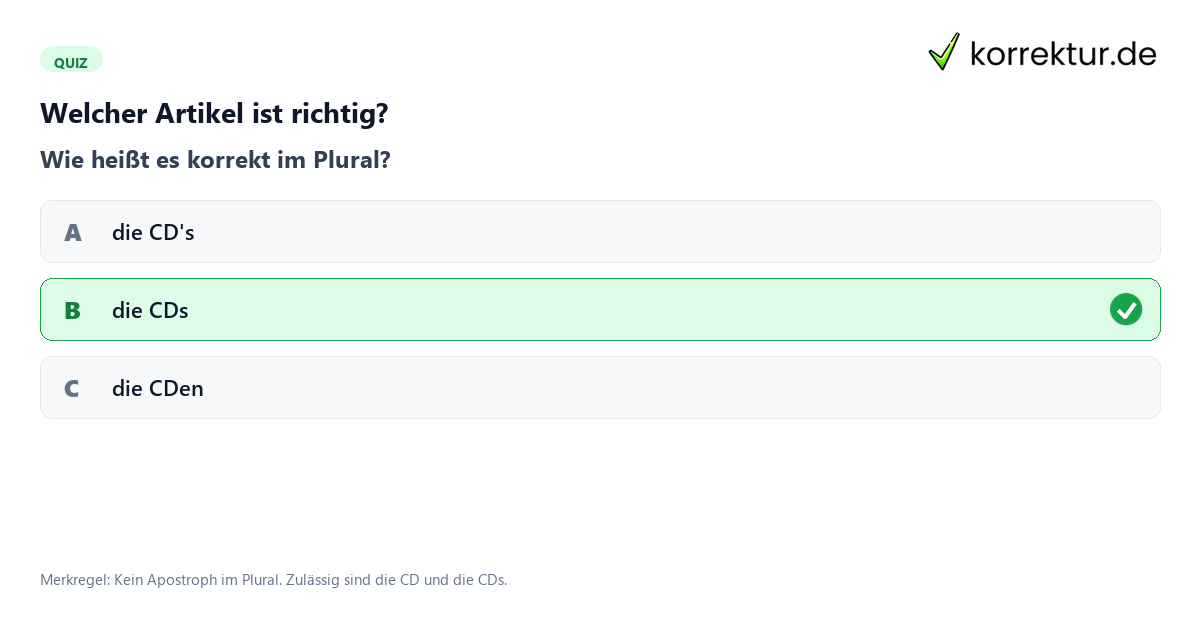 Plural: mit oder ohne s? Quiz zum Plural und Genus bei Abkürzungen mit Apostroph-Falle