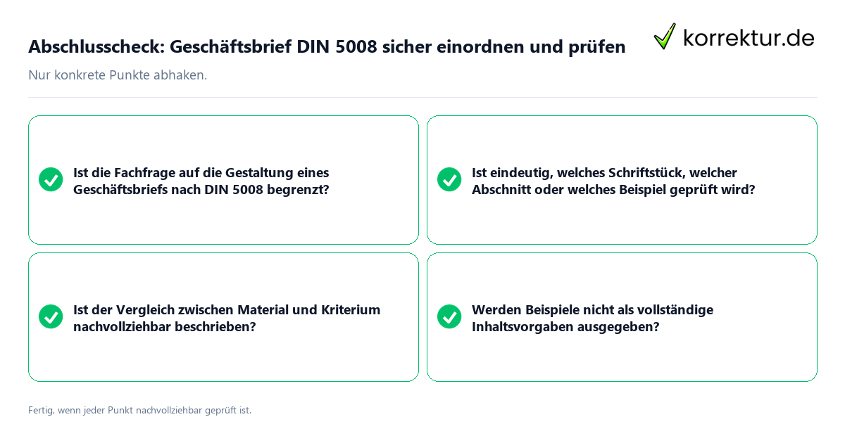 Abschlusscheck: Geschäftsbrief DIN 5008 sicher einordnen und prüfen Konkreter Abschlusscheck zu Geschäftsbrief DIN 5008 sicher einordnen und prüfen