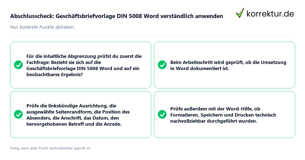 Konkreter Abschlusscheck zu Geschäftsbriefvorlage DIN 5008 Word verständlich anwenden