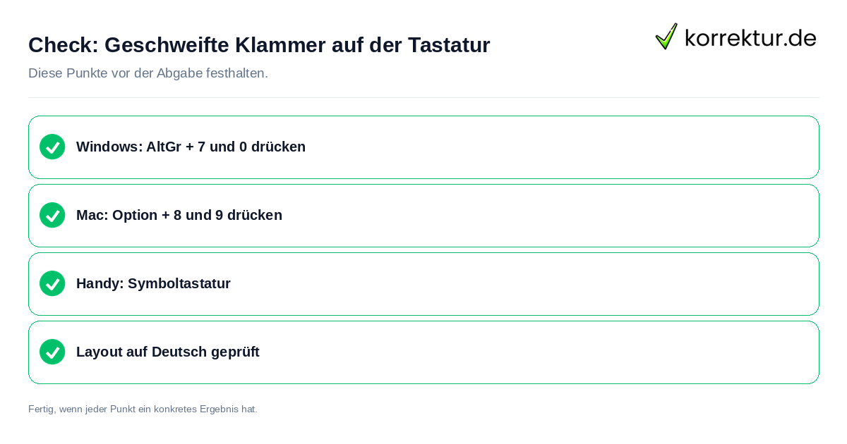 Geschweifte Klammer auf der Tastatur: Prüfliste mit vier Punkten