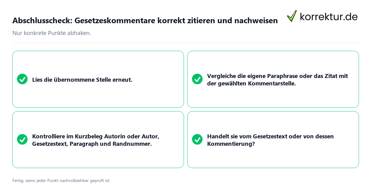 Abschlusscheck: Gesetzeskommentare korrekt zitieren und nachweisen Konkreter Abschlusscheck zu Gesetzeskommentare korrekt zitieren und nachweisen