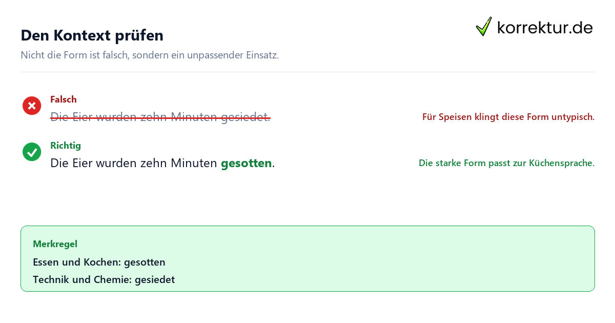 Den Kontext prüfen Beispiel zur richtigen Verwendung von gesotten oder gesiedet