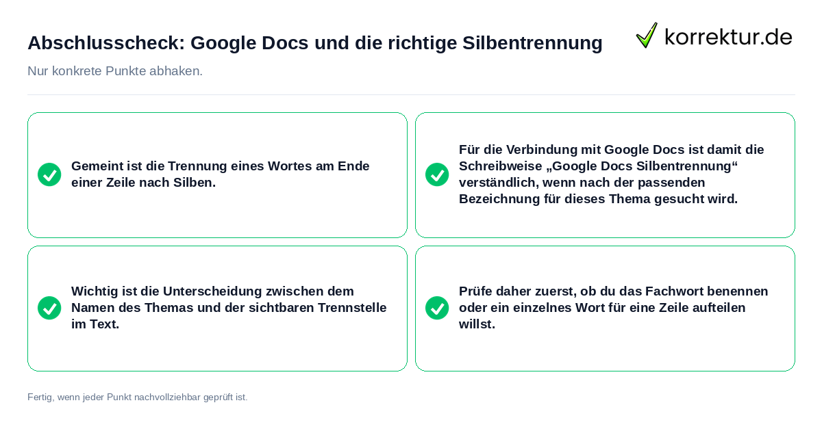 Konkreter Abschlusscheck zu Google Docs und die richtige Silbentrennung