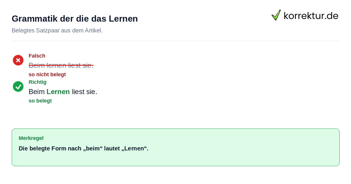 Falsches und richtiges Satzbeispiel zu Grammatik der die das Lernen
