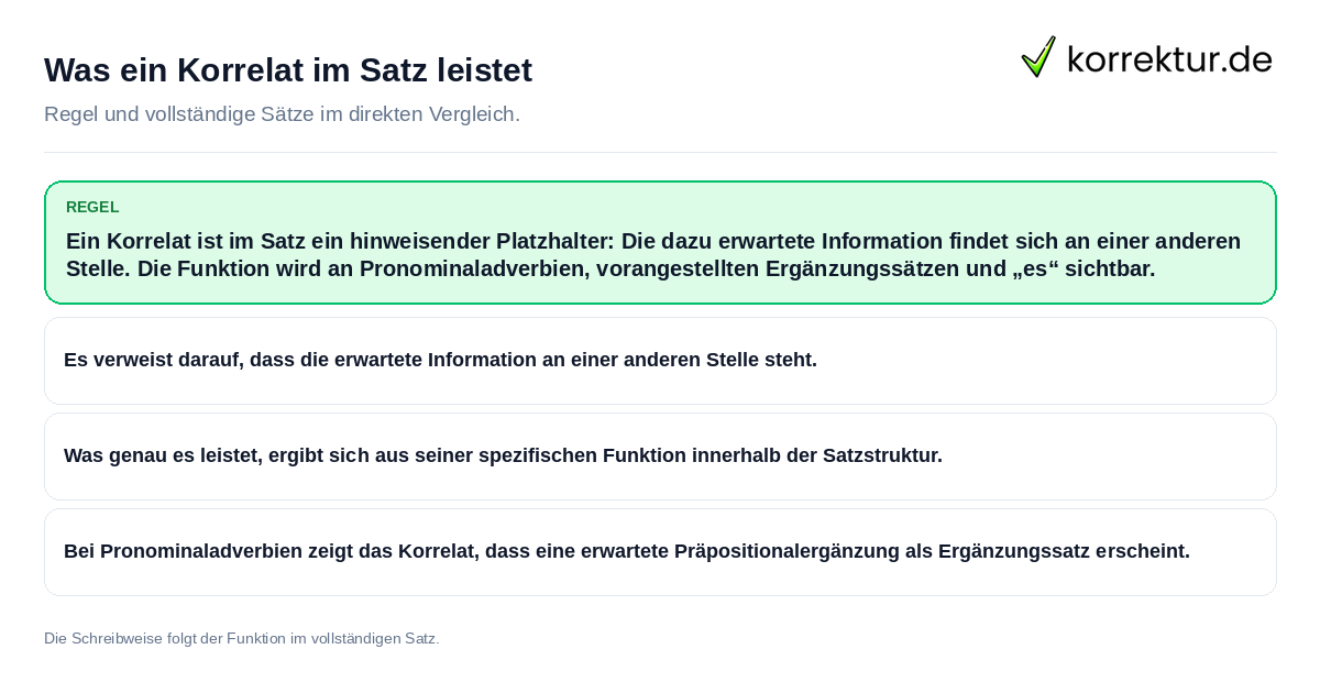 Konkrete Regel und vollständige Beispielsätze zu Was ein Korrelat im Satz leistet