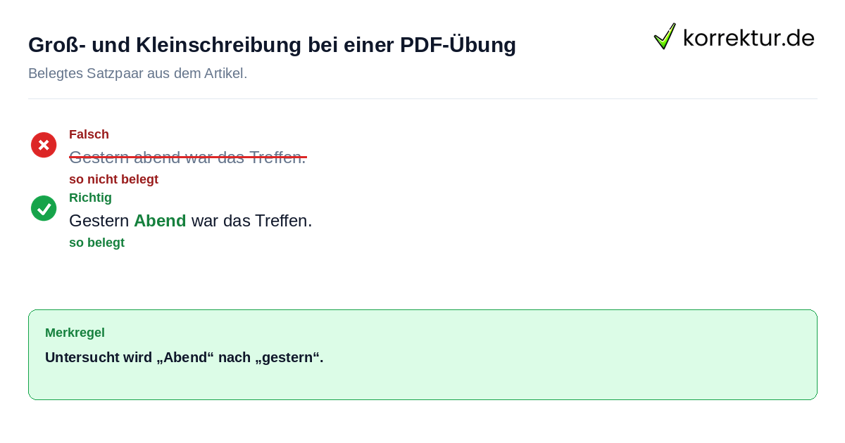 Falsches und richtiges Satzbeispiel zu Groß- und Kleinschreibung bei einer PDF-Übung