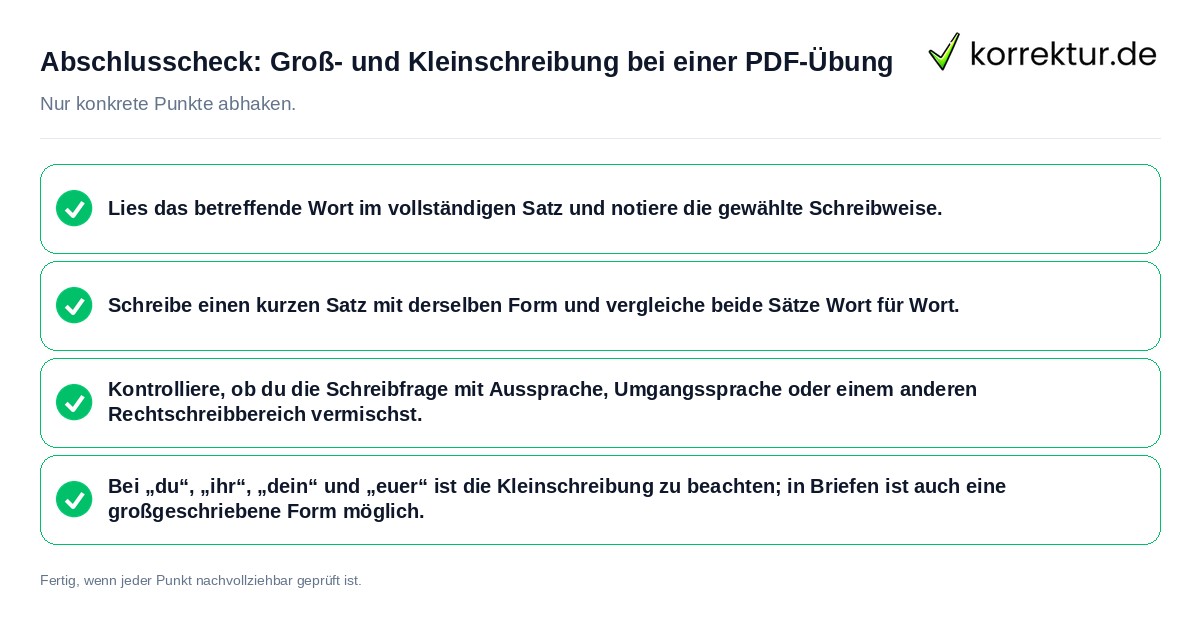 Konkreter Abschlusscheck zu Groß- und Kleinschreibung bei einer PDF-Übung