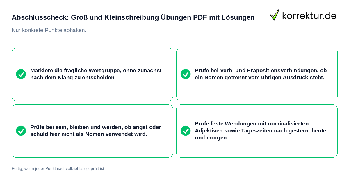 Konkreter Abschlusscheck zu Groß und Kleinschreibung Übungen PDF mit Lösungen