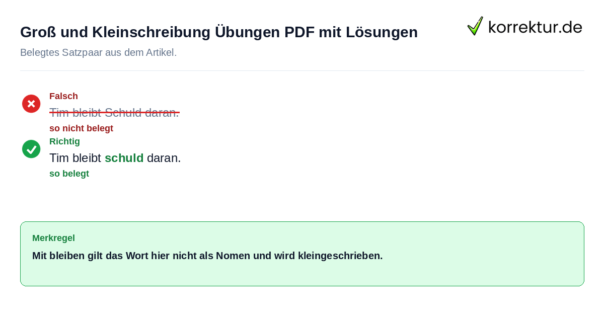 Falsches und richtiges Satzbeispiel zu Groß und Kleinschreibung Übungen PDF mit Lösungen