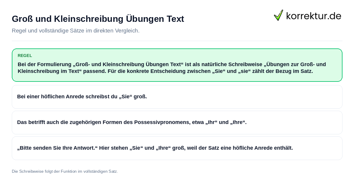 Konkrete Regel und vollständige Beispielsätze zu Groß und Kleinschreibung Übungen Text