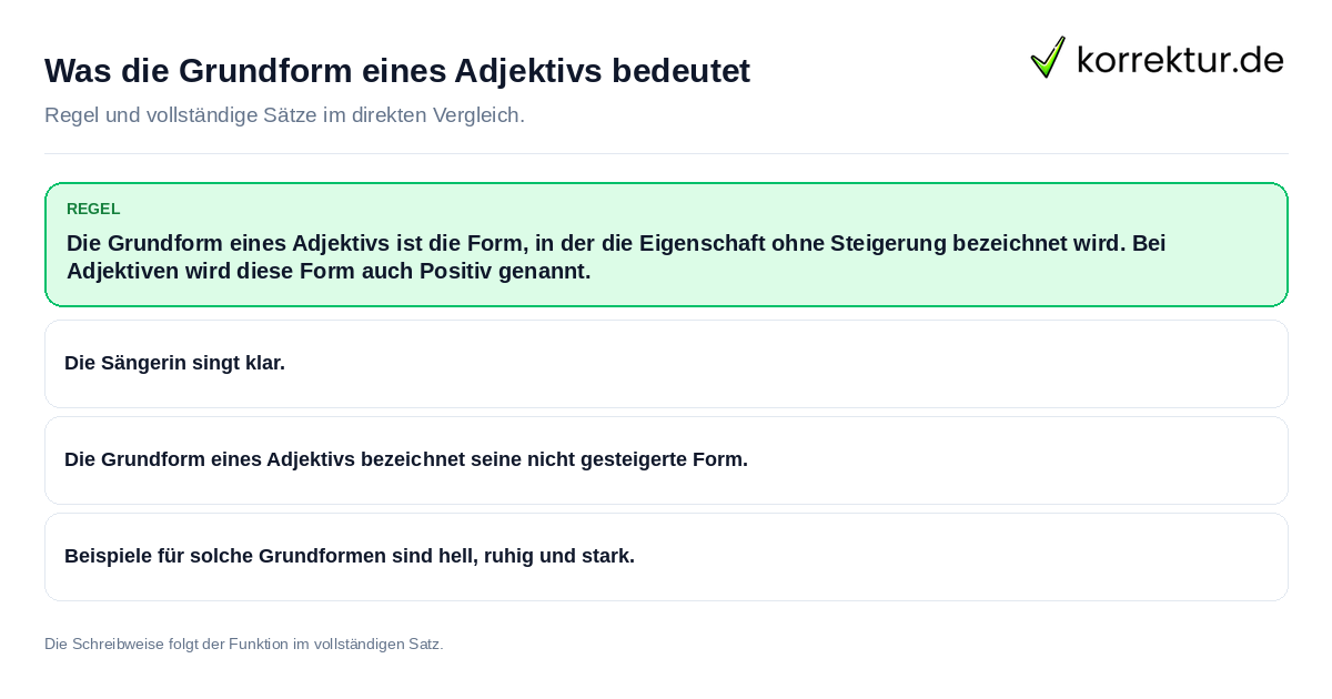 Konkrete Regel und vollständige Beispielsätze zu Was die Grundform eines Adjektivs bedeutet