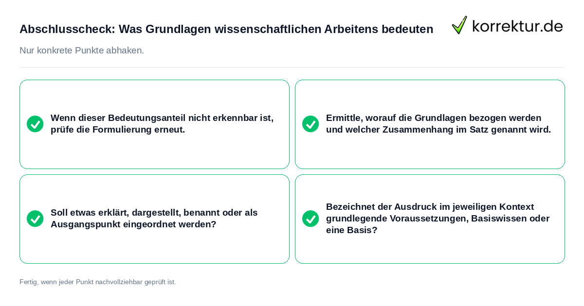 Abschlusscheck: Was Grundlagen wissenschaftlichen Arbeitens bedeuten Konkreter Abschlusscheck zu Was Grundlagen wissenschaftlichen Arbeitens bedeuten