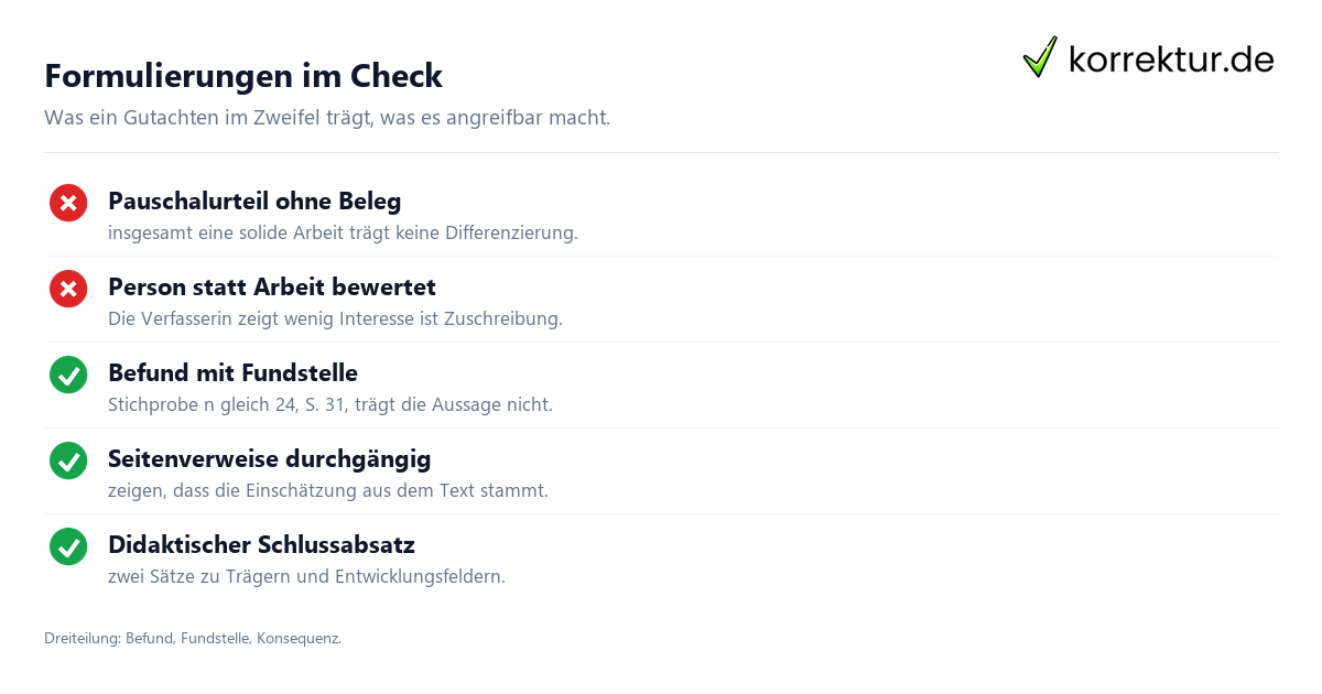 Formulierungen im Check Gutachten für Abschlussarbeiten formulieren: angreifbare gegen tragfähige Formulierungen