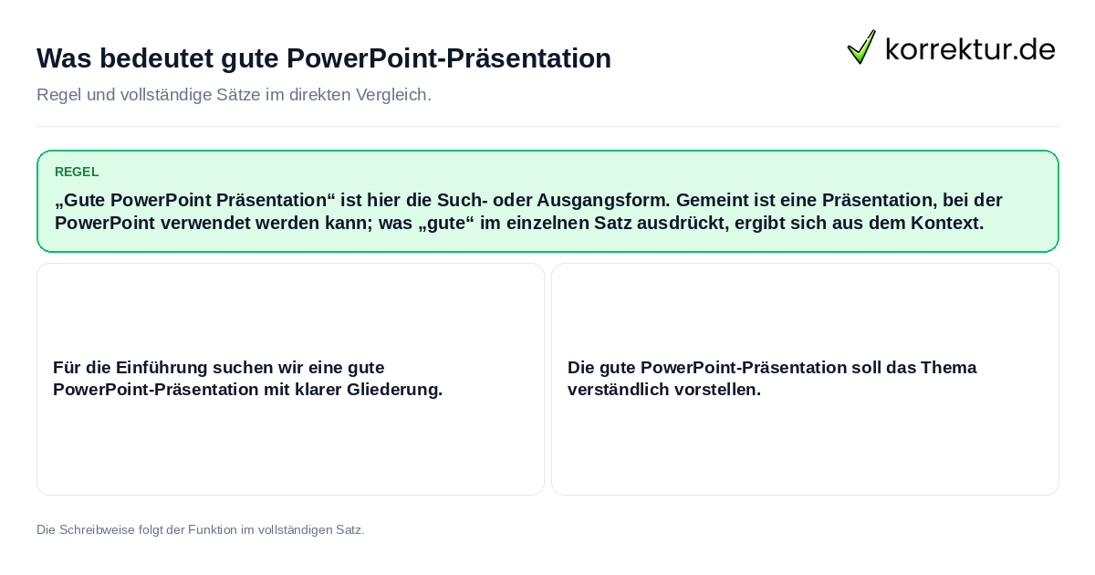 Was bedeutet gute PowerPoint-Präsentation Konkrete Regel und vollständige Beispielsätze zu Was bedeutet gute PowerPoint-Präsentation