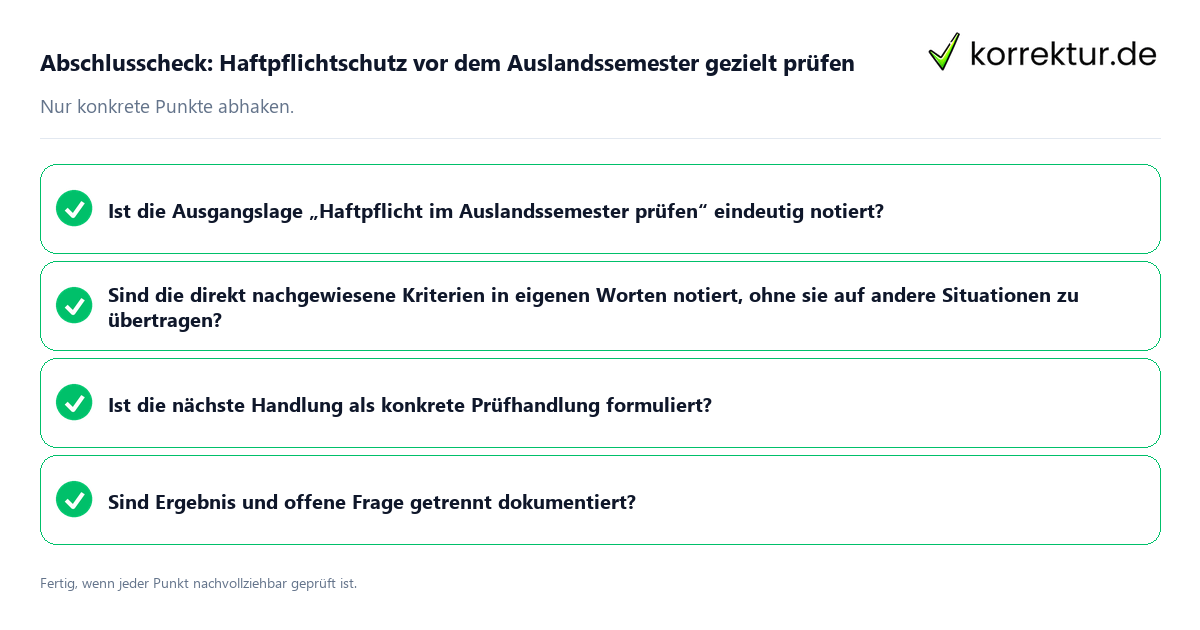 Konkreter Abschlusscheck zu Haftpflichtschutz vor dem Auslandssemester gezielt prüfen
