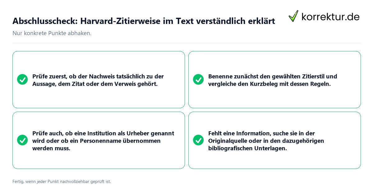 Abschlusscheck: Harvard-Zitierweise im Text verständlich erklärt Konkreter Abschlusscheck zu Harvard-Zitierweise im Text verständlich erklärt
