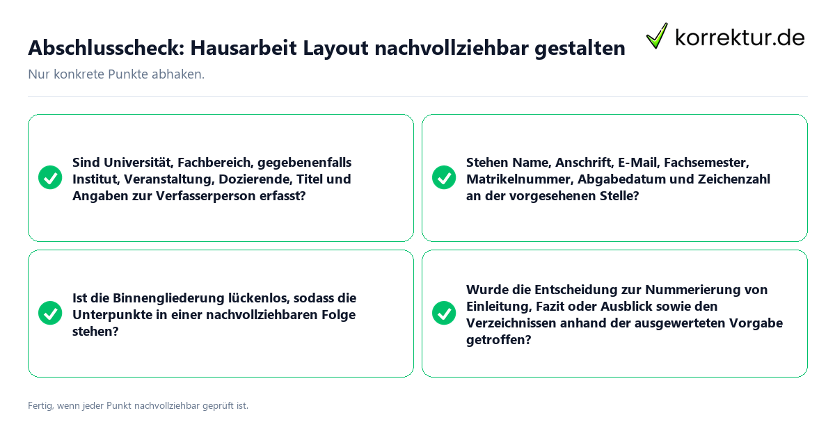 Konkreter Abschlusscheck zu Hausarbeit Layout nachvollziehbar gestalten