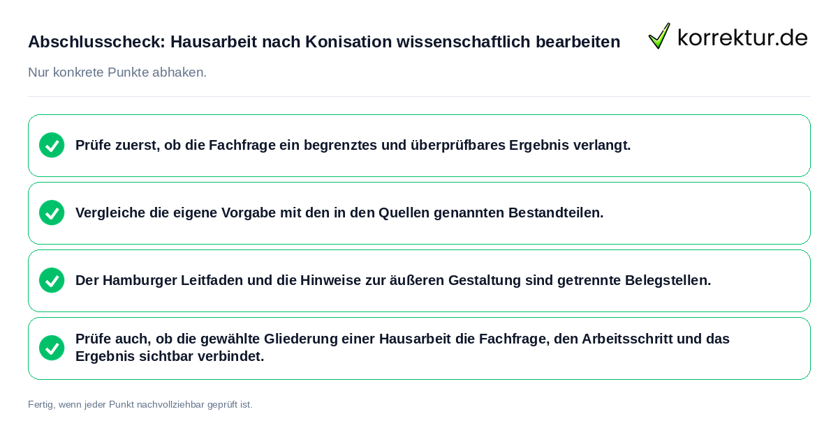 Konkreter Abschlusscheck zu Hausarbeit nach Konisation wissenschaftlich bearbeiten