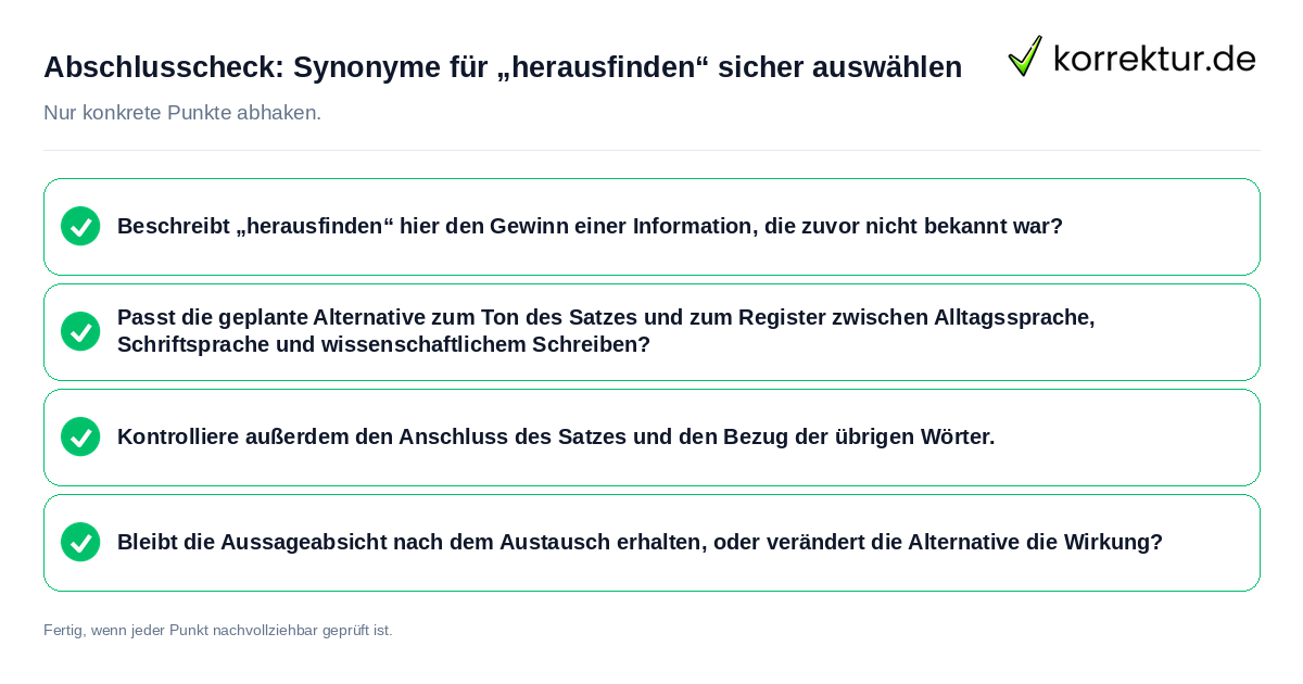 Konkreter Abschlusscheck zu Synonyme für „herausfinden“ sicher auswählen
