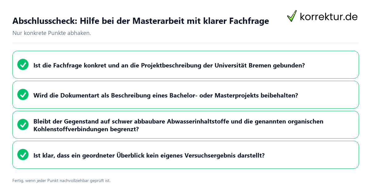 Abschlusscheck: Hilfe bei der Masterarbeit mit klarer Fachfrage Konkreter Abschlusscheck zu Hilfe bei der Masterarbeit mit klarer Fachfrage