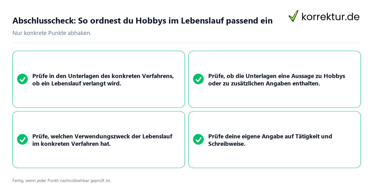 Abschlusscheck: So ordnest du Hobbys im Lebenslauf passend ein Konkreter Abschlusscheck zu So ordnest du Hobbys im Lebenslauf passend ein