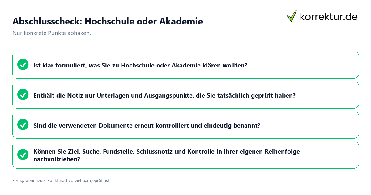 Konkreter Abschlusscheck zu Hochschule oder Akademie