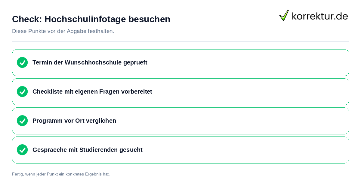 Check: Hochschulinfotage besuchen Hochschulinfotage besuchen: Prüfliste mit vier Punkten