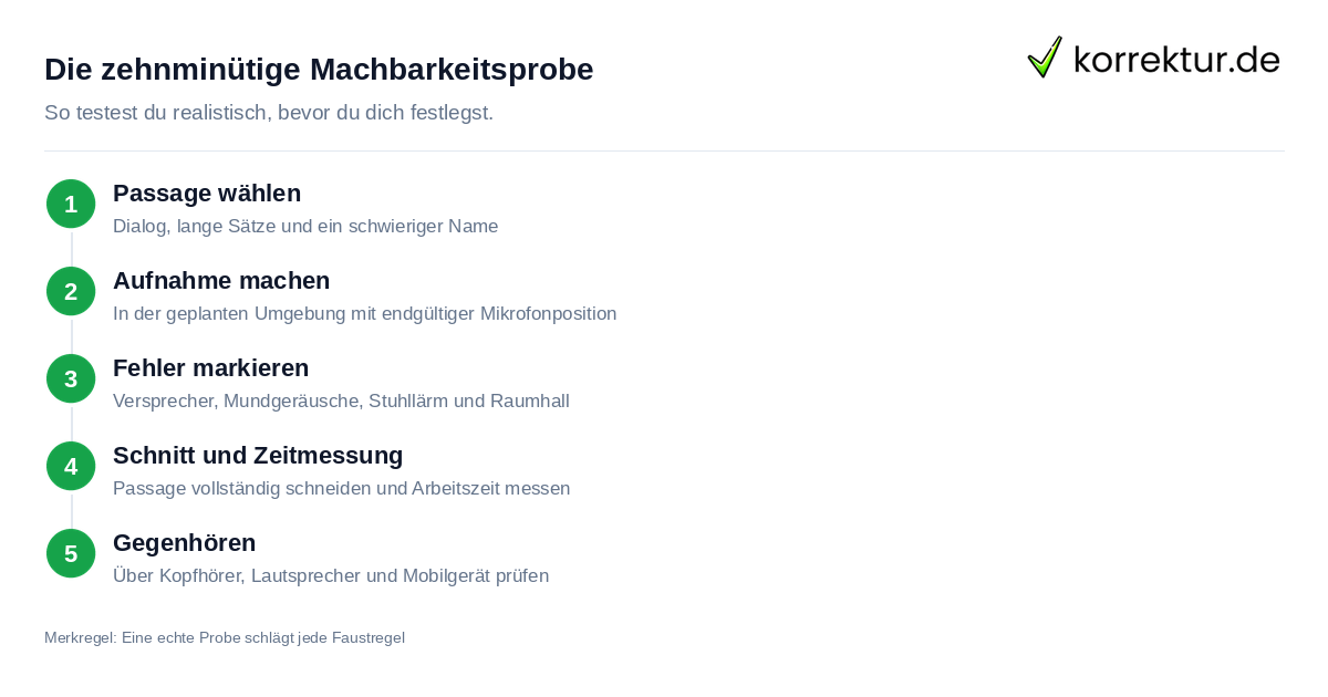 Die zehnminütige Machbarkeitsprobe Schritte zur Machbarkeitsprobe vor dem Hörbuch selbst einsprechen