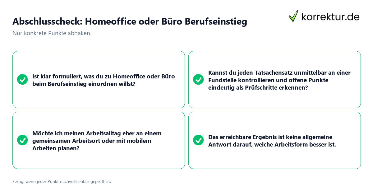 Konkreter Abschlusscheck zu Homeoffice oder Büro Berufseinstieg