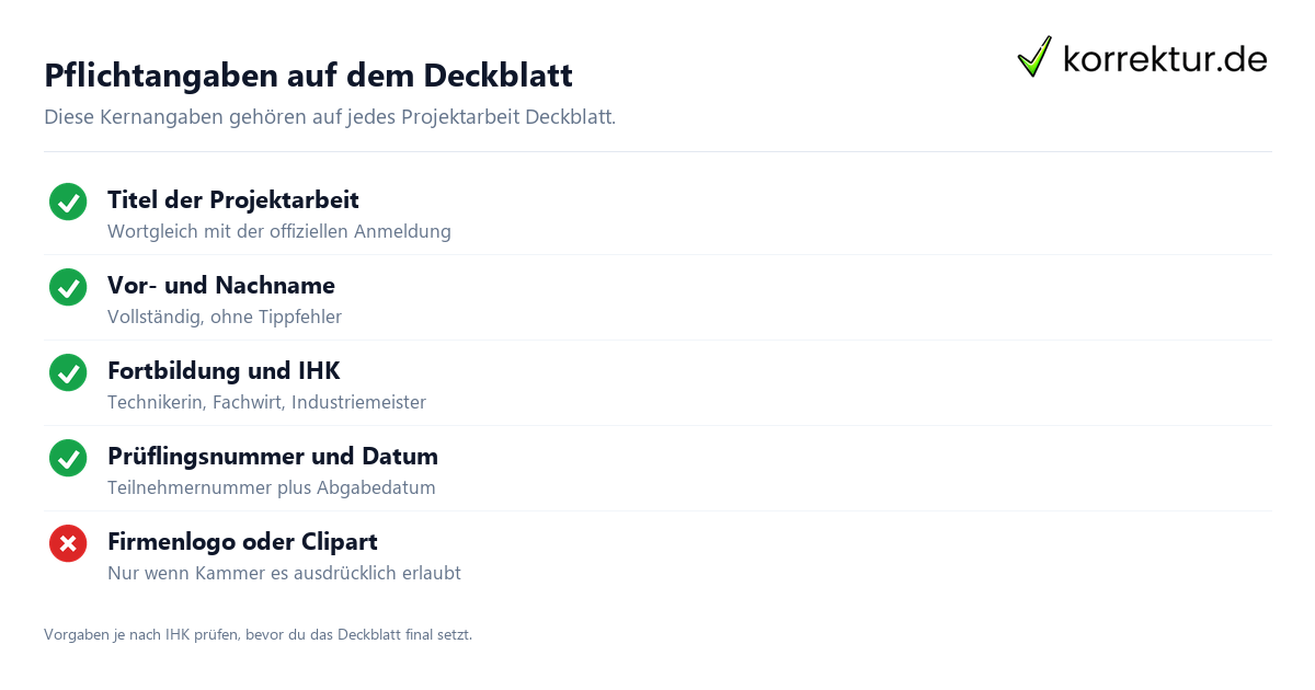 Pflichtangaben auf dem Deckblatt Projektarbeit Deckblatt Pflichtangaben Checkliste