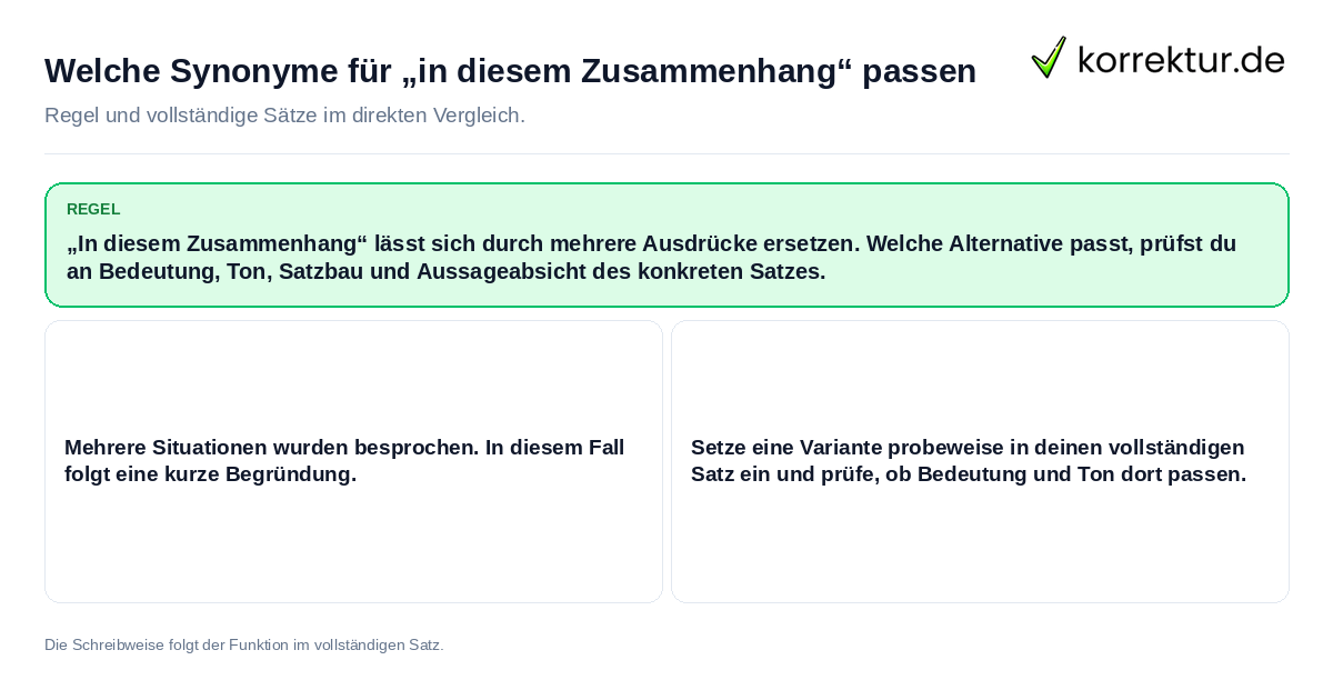 Konkrete Regel und vollständige Beispielsätze zu Welche Synonyme für „in diesem Zusammenhang“ passen